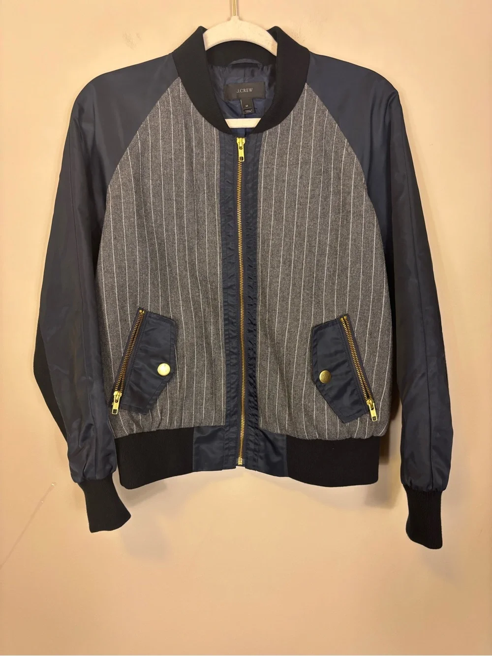 J. Crew Navy Satin & Gray Wool Pinstripe Bomber Jacket Women’s Medium